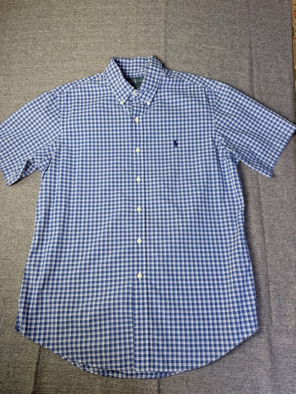 Ralph Lauren Blue and White Check Short-Sleeve Button-Down Shirt